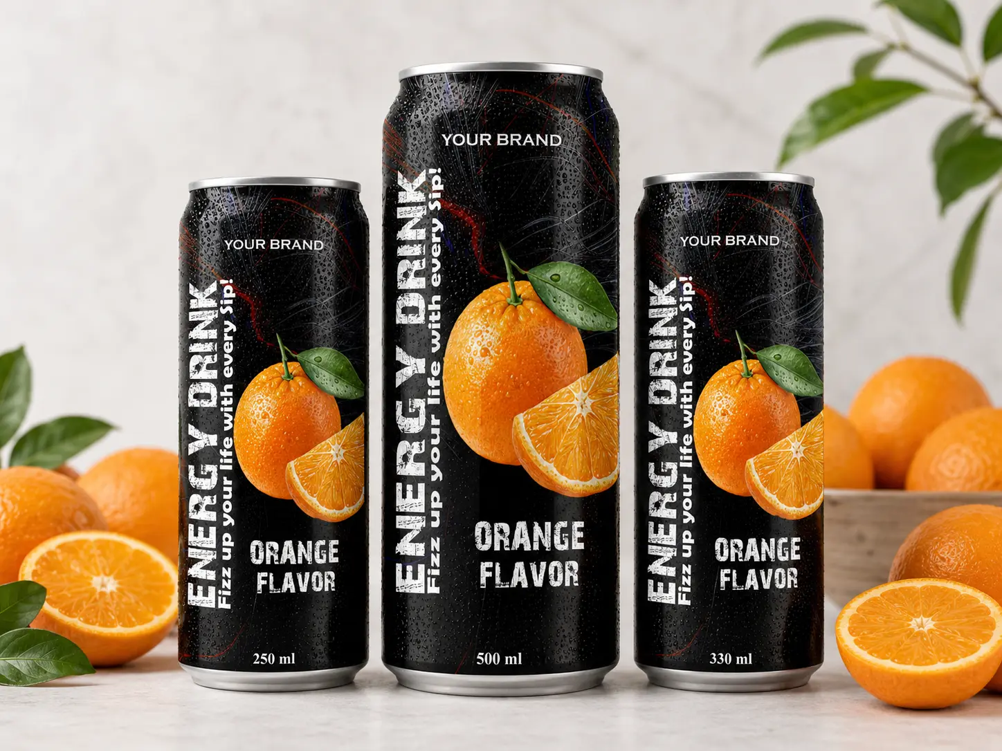 ENERGY DRINK Orange flavor available in 250ml, 500ml, and 330ml cans.